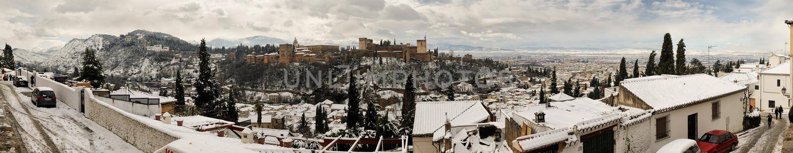 Panorama of snow Granada with Alhambra