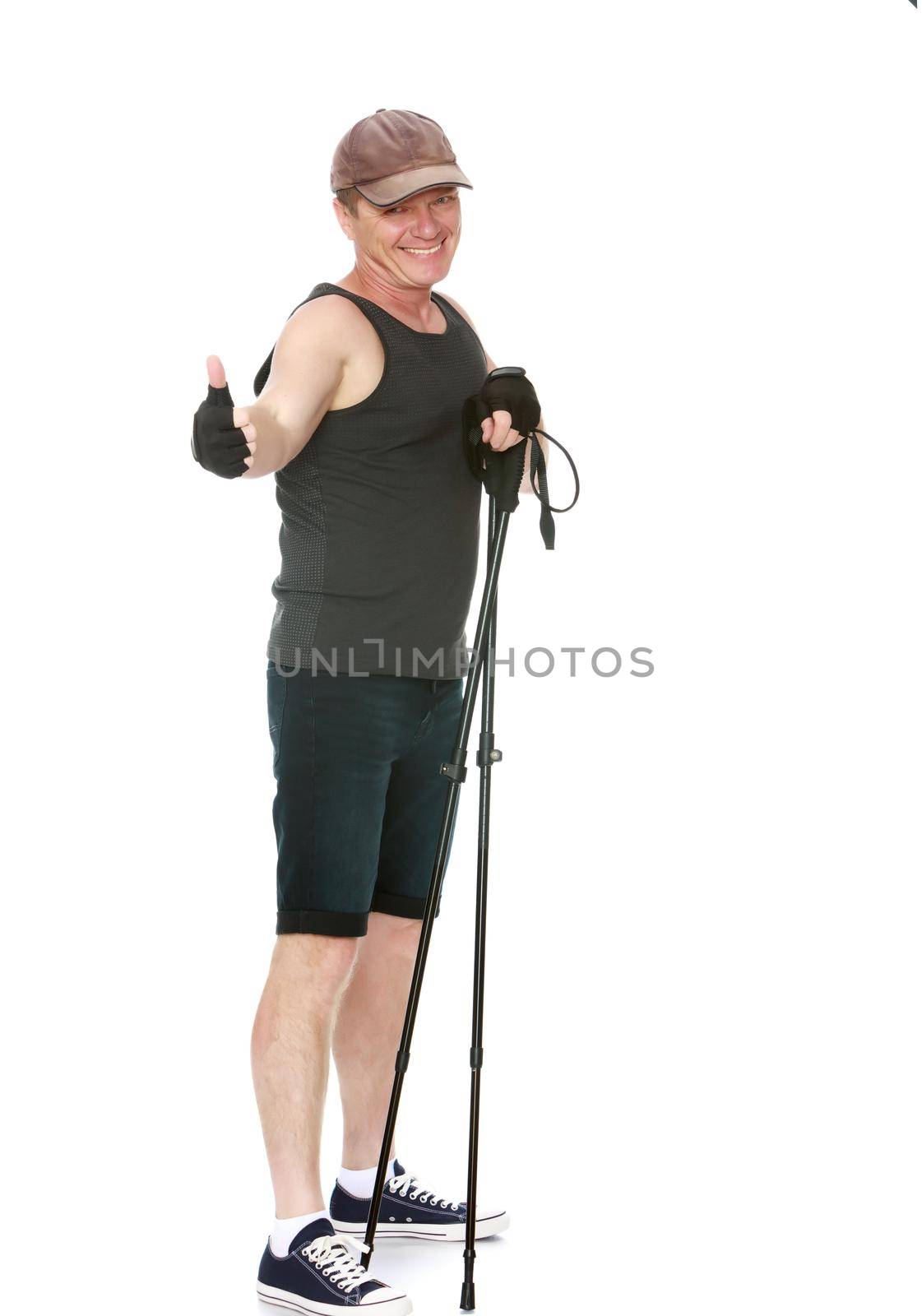 The concept of sports lifestyle and maintenance of health in adulthood. Fifty-year-old man, engaged in Nordic walking with special poles. Isolated on white background