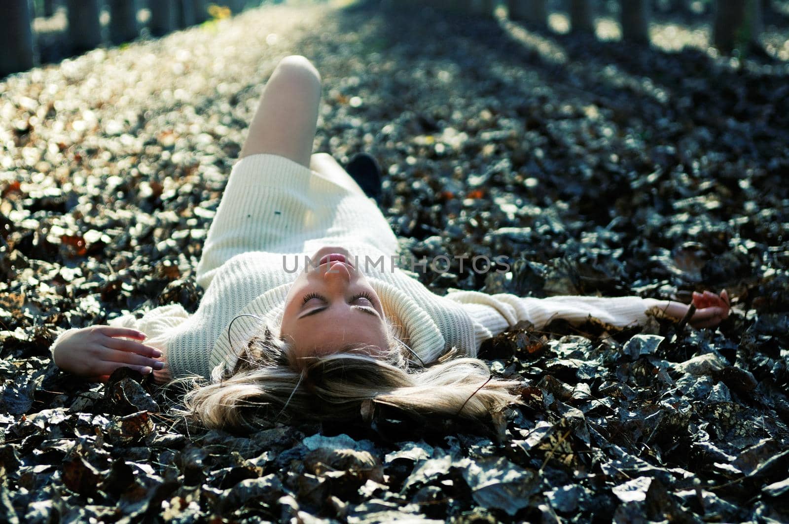Beautiful blonde girl lying on leaves in a forest of poplars by javiindy
