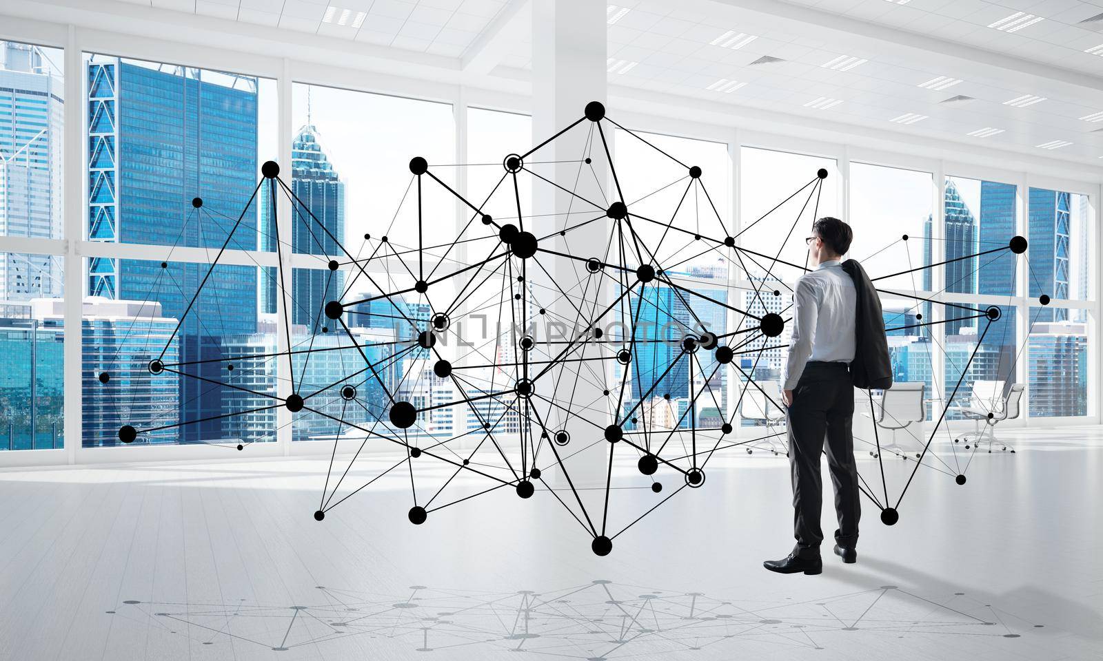 Elegant businessman in modern office interior and social connection concept. Mixed media