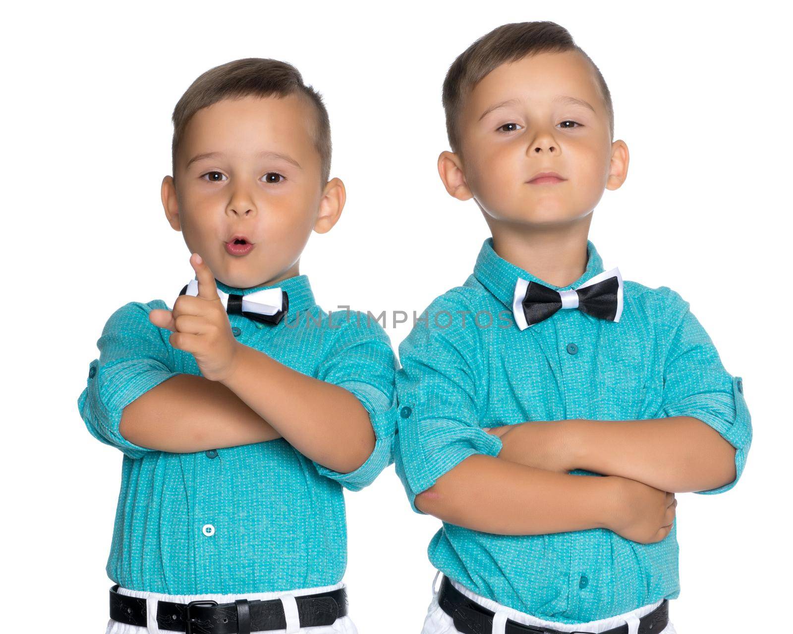 Two little brothers of Gemini together are sad. Isolated on white background