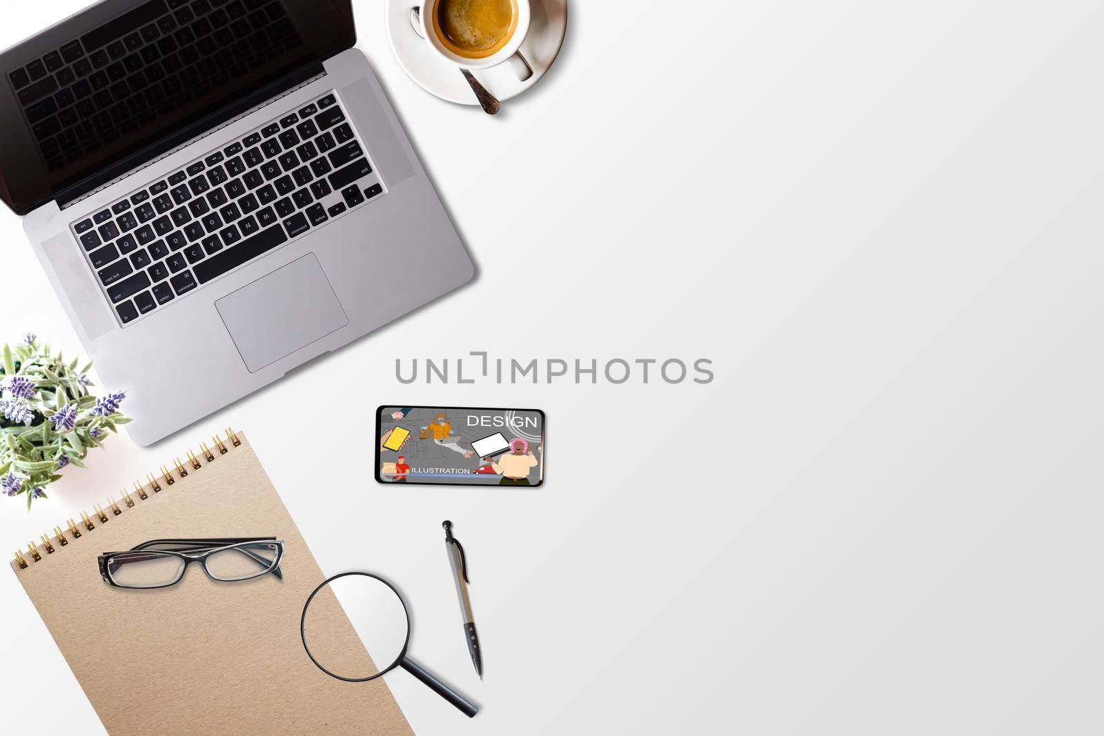 Workplace with laptop on table at home web designer or artist. Concept of a freelance and creative work online by Andelov13