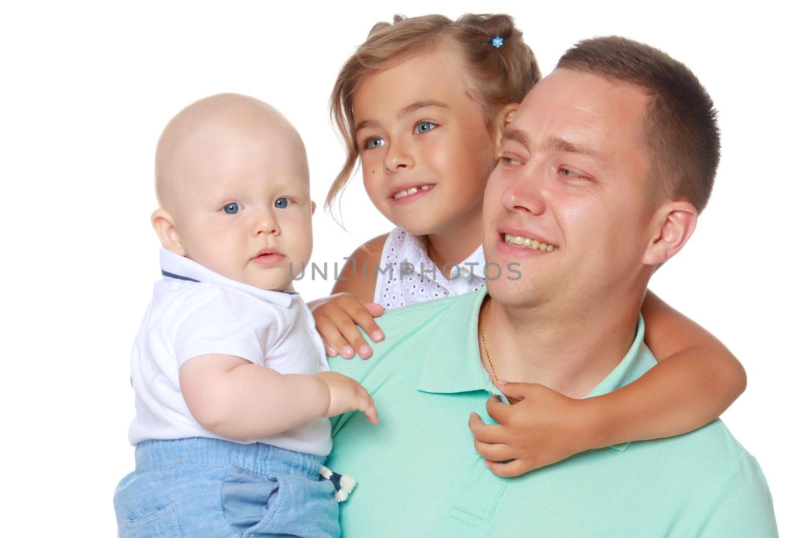 Happy dad with young children. The concept of the upbringing of children, a friendly family, the development of the child in the family. Isolated on white background.