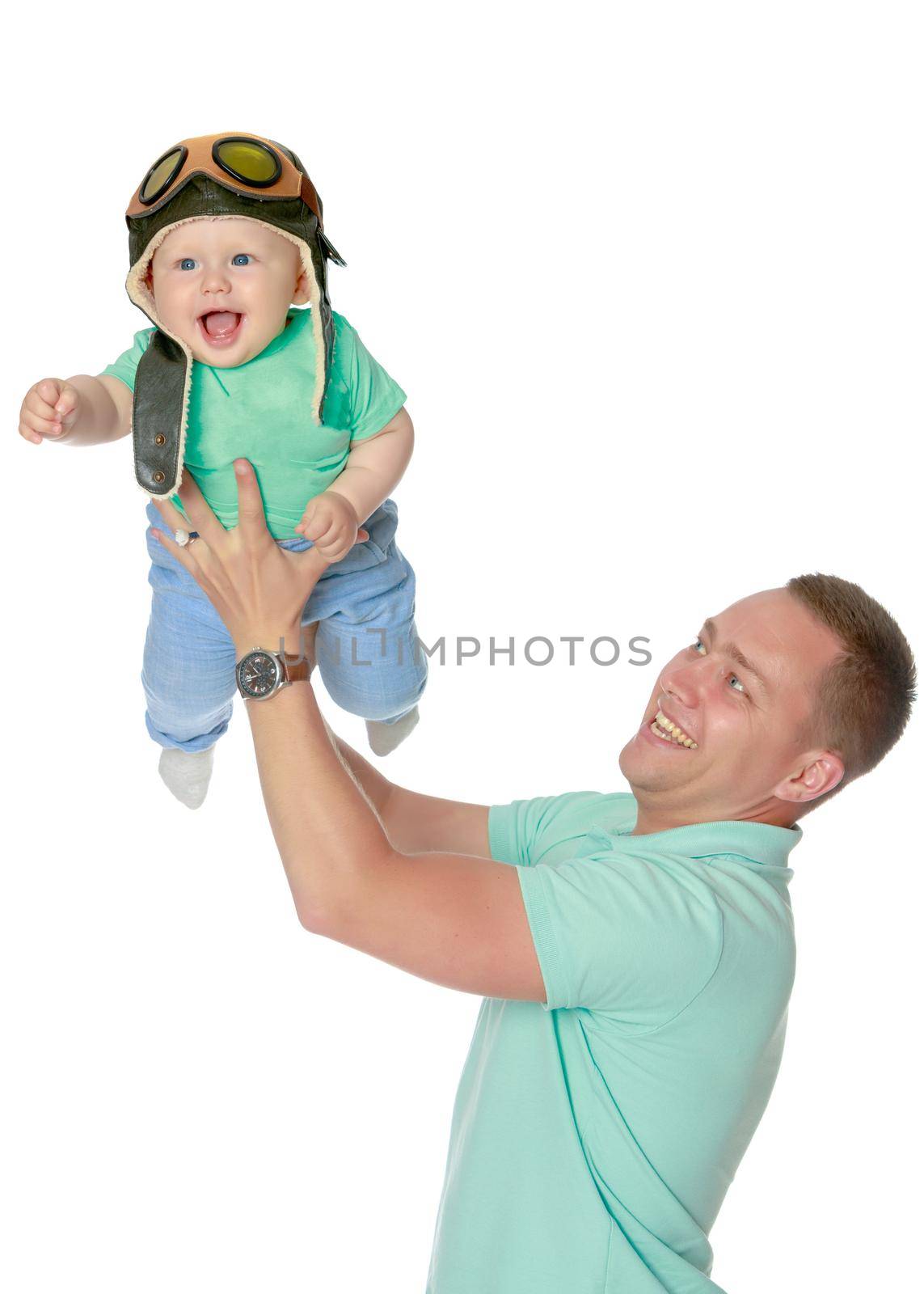 Dad holds the baby in his arms. The concept of educating the father of young children, Happy childhood, a friendly family. Isolated on white background.