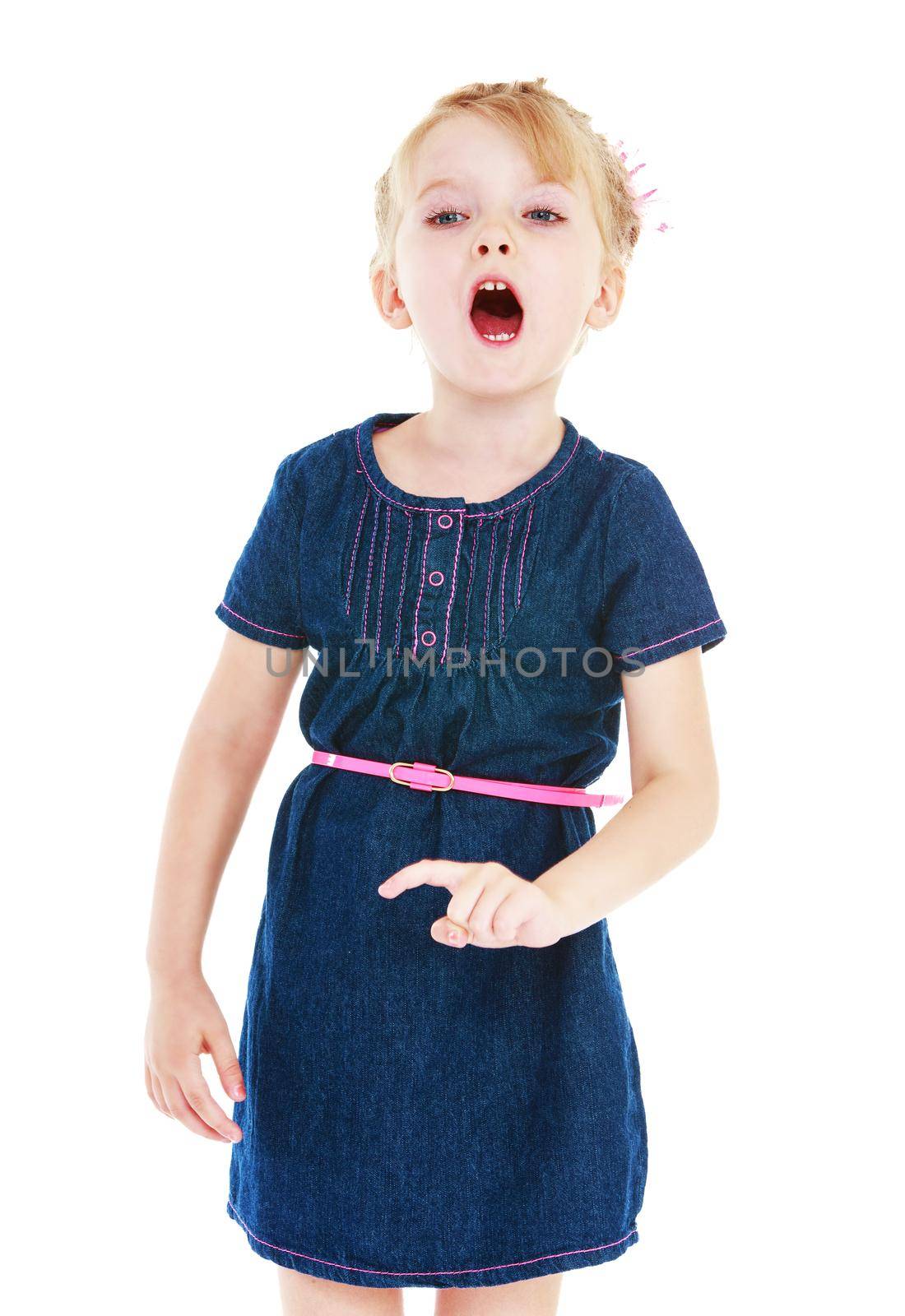 Cheerful little girl gesturing with his hands. Isolated on white background .