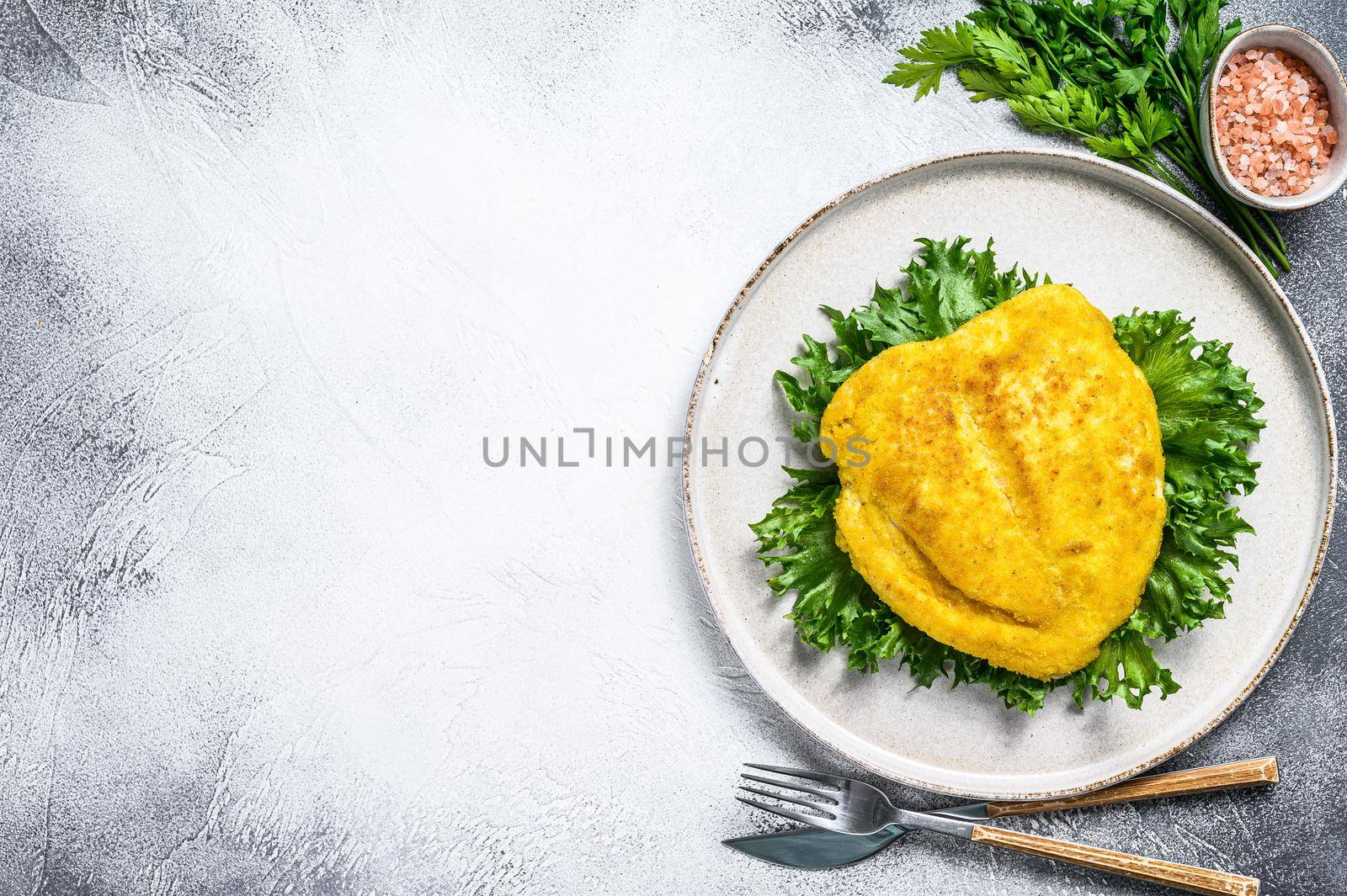 Fried veal Wiener schnitzel. Gray background. Top view. Copy space by Composter