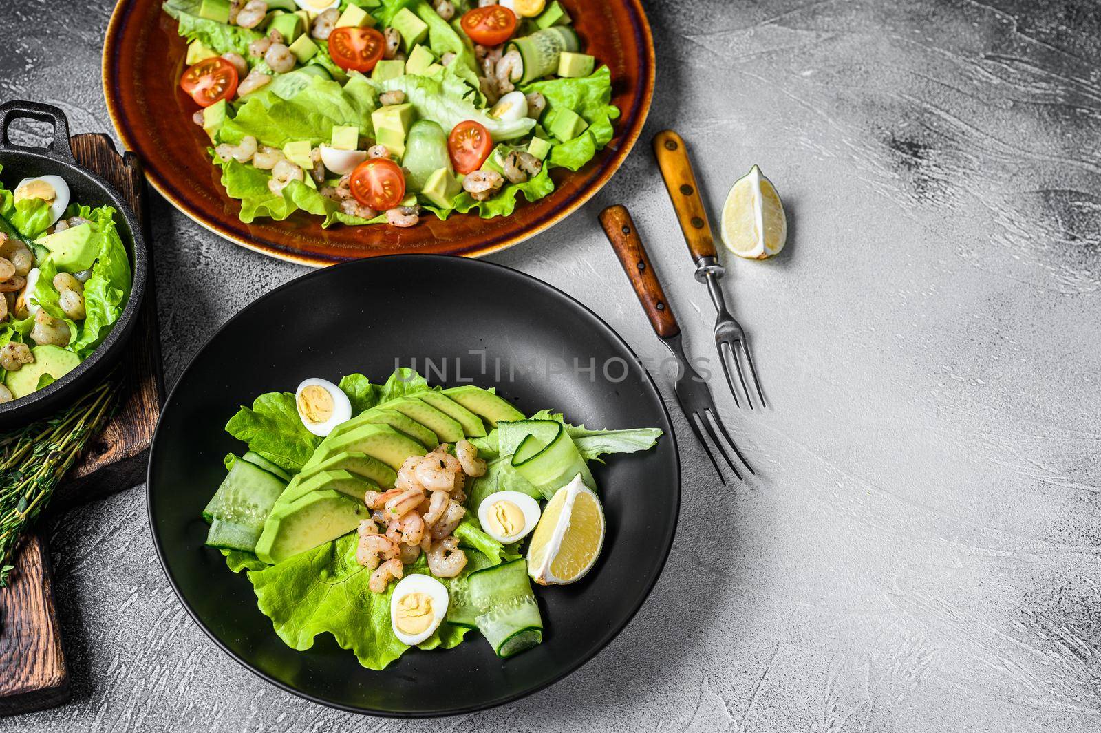 Set of Seafood avocado, shrimps, prawns salads. White background. top view. Copy space.