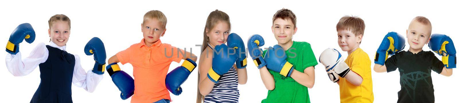 A company of happy children in boxing gloves. Concept of sport, fitness, Happy childhood. Isolated on white background.