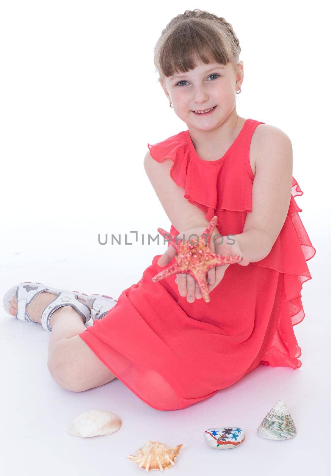 Kids,girl,kid,child-Cute little girl summer day with seashells. Isolated on white.