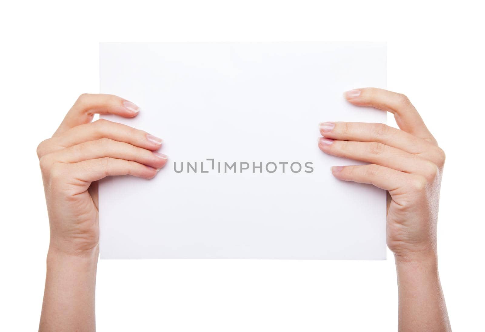 hand holding blank paper isolated on white background