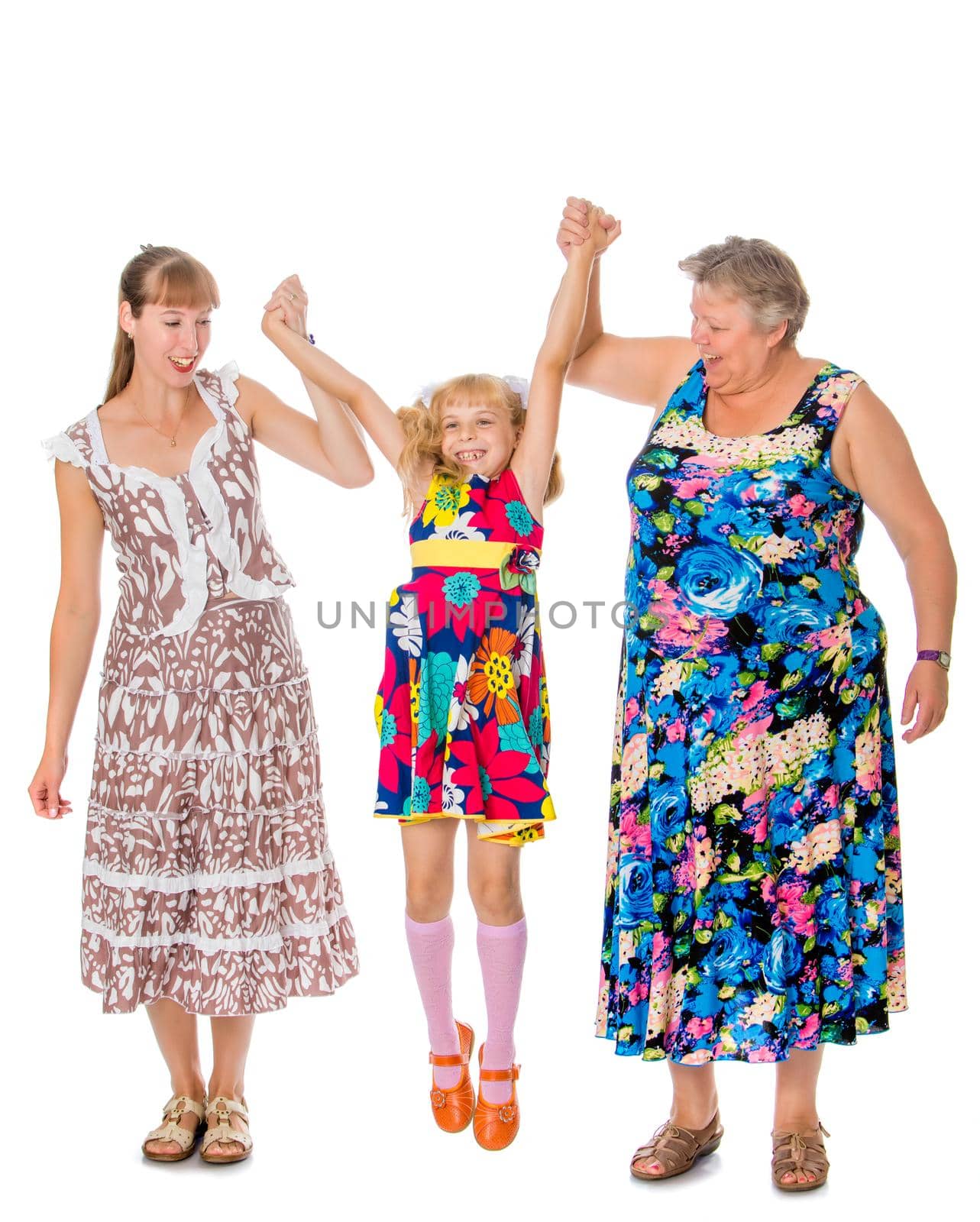 Mother, young daughter and beloved grandmother to hold hands-Isolated on white background