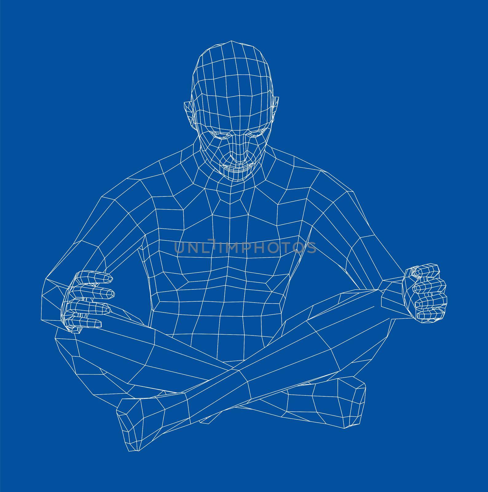 Wireframe man relaxing in lotus position. 3d illustration by cherezoff