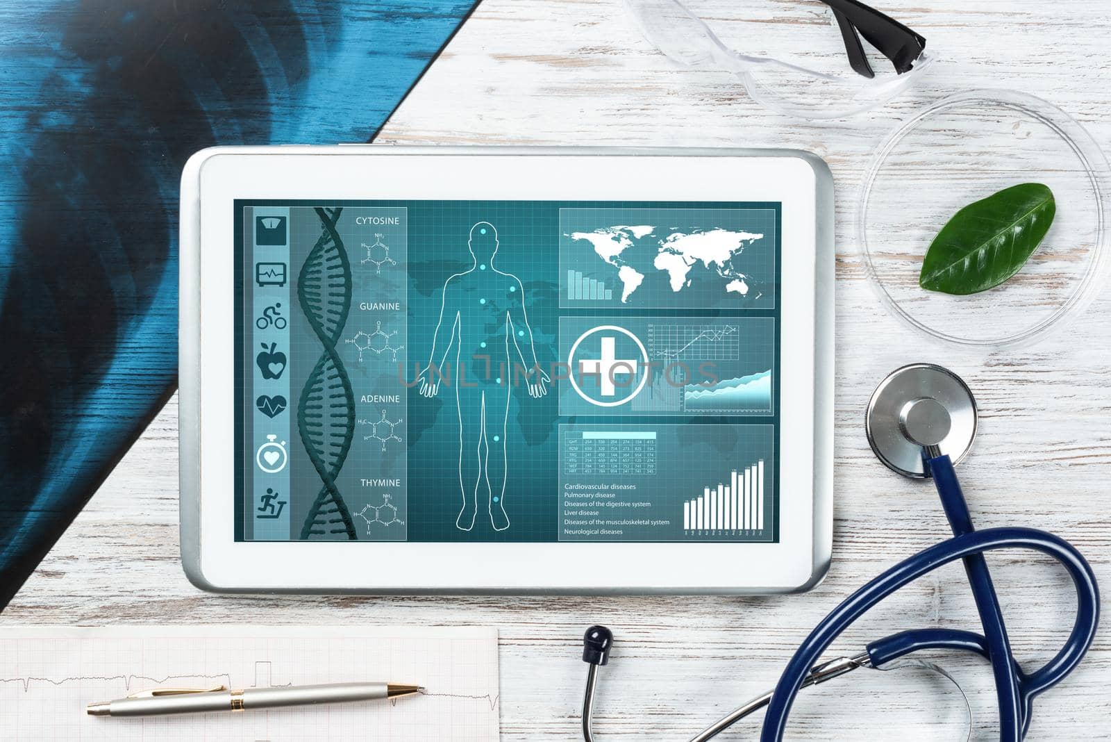 Human genetic research in medical laboratory. Tablet computer with DNA helix structure on screen. Stethoscope, x-ray image and cardiogram on wooden desk. Medical diagnostics and patient genome testing