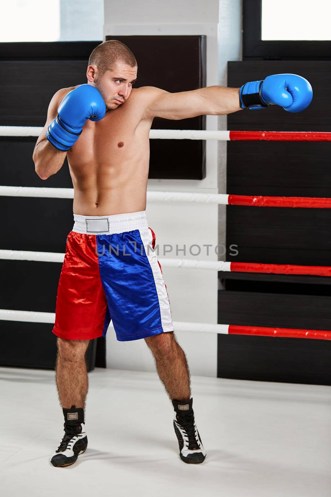 Boxer in blue gloves warming up in the ring by nazarovsergey
