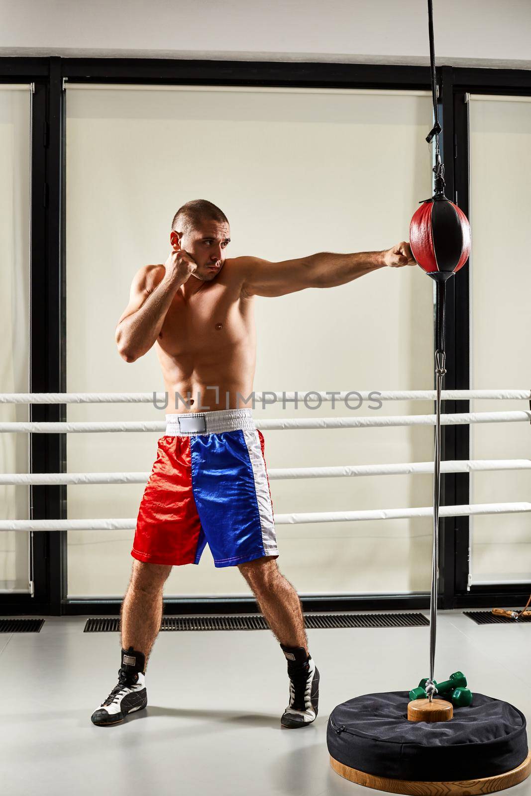 young boxer trains in the gym. naked torso. Training with punching bag