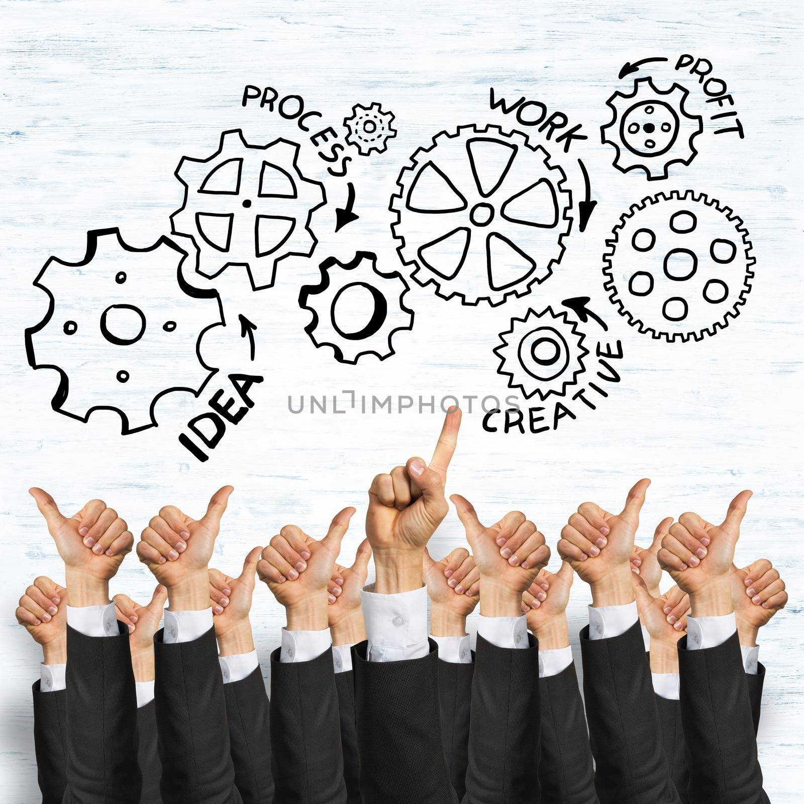 Group of hands of businesspeople showing gestures on wooden background