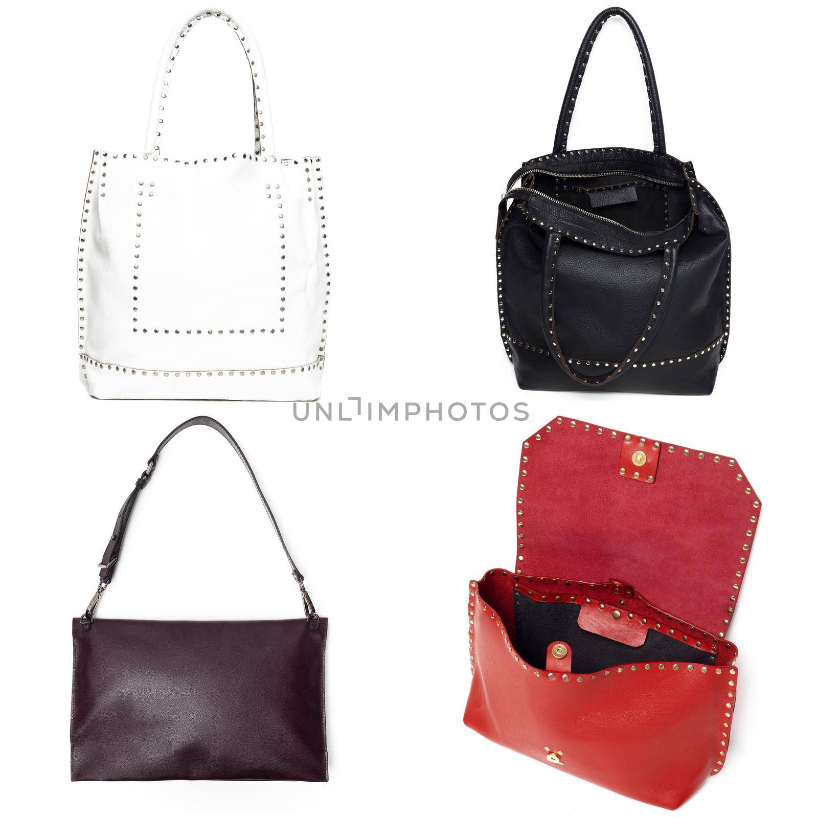 Collage of women's bags isolated on white by Fabrikasimf
