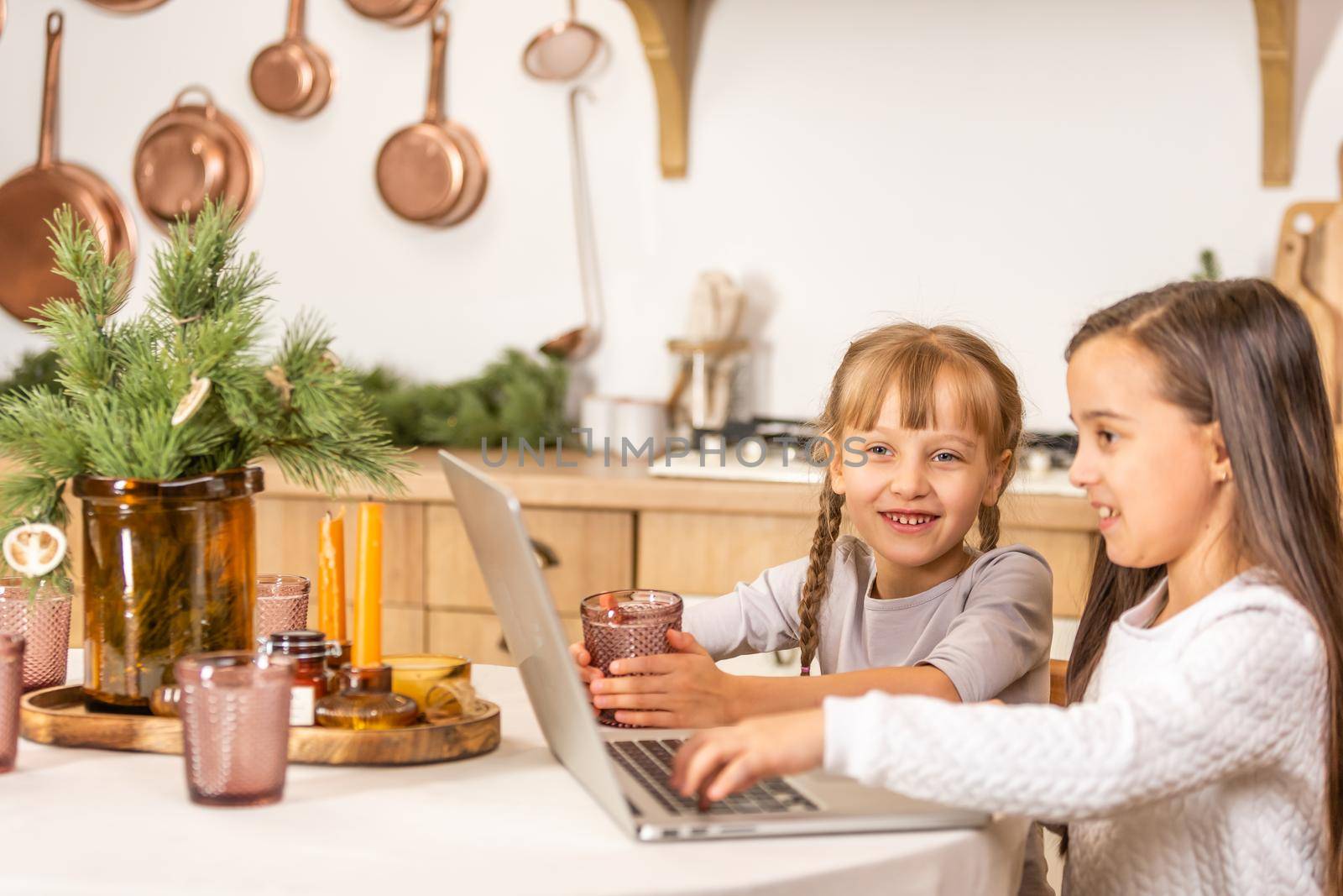 Two little girls watching online school while sitting at table dining room table.
