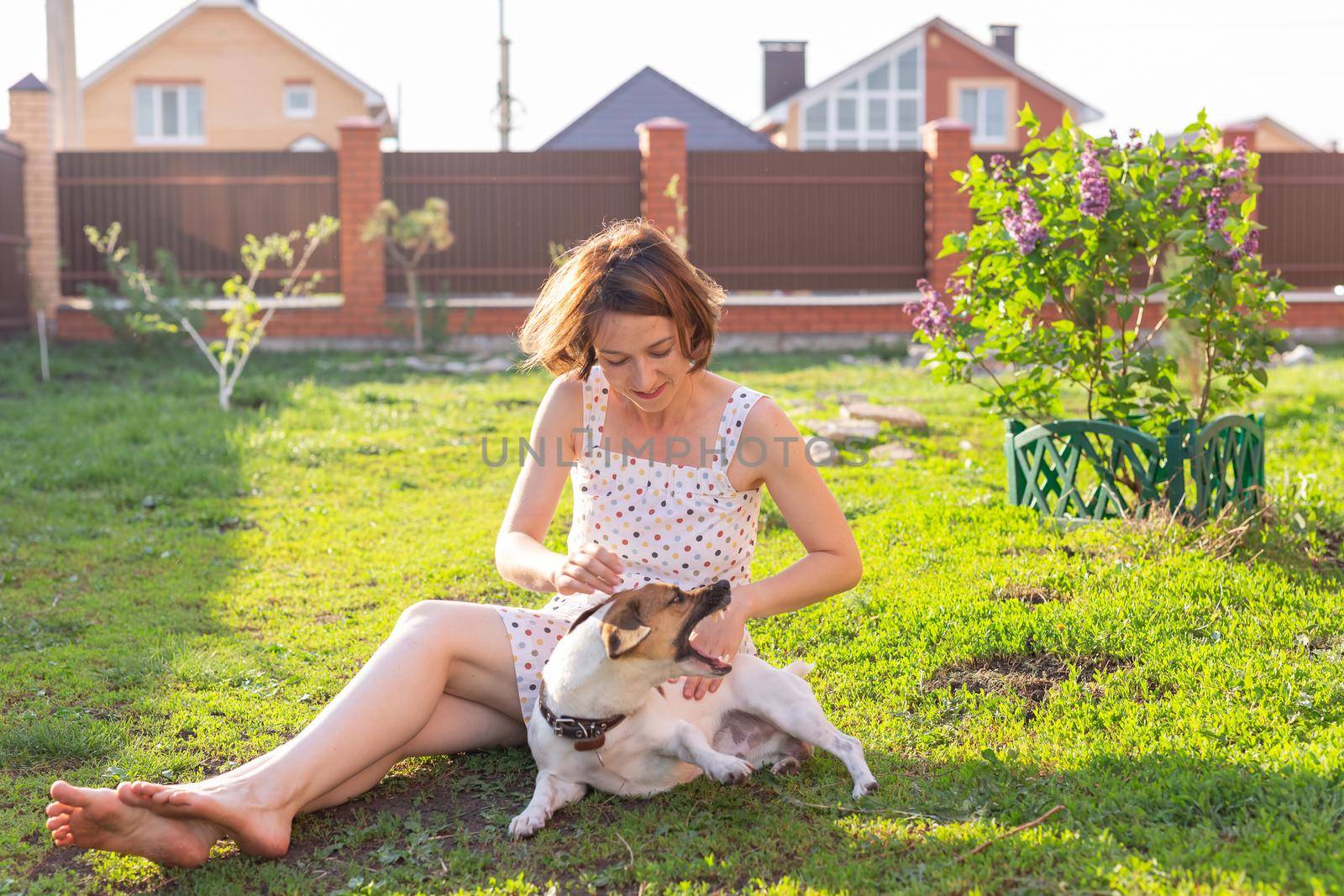 Positive cheerful woman playing with her beloved dog Jack Russell Terrier in the yard of her country house on a sunny summer day. Concept of love for animals and family recreation. by Satura86