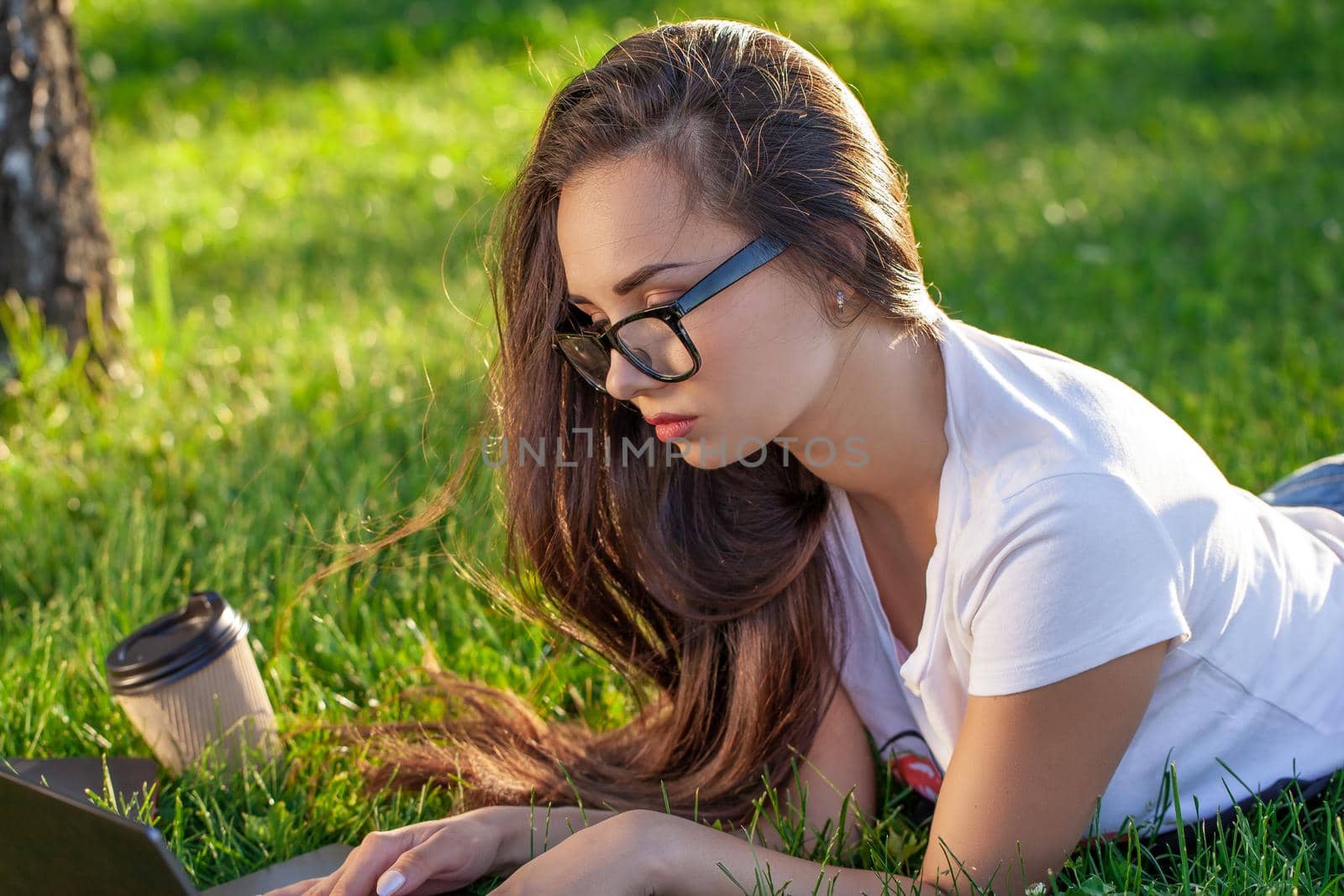 Young woman using laptop in the park lying on the green grass. Modern lifestyle, information technology or online shopping concept