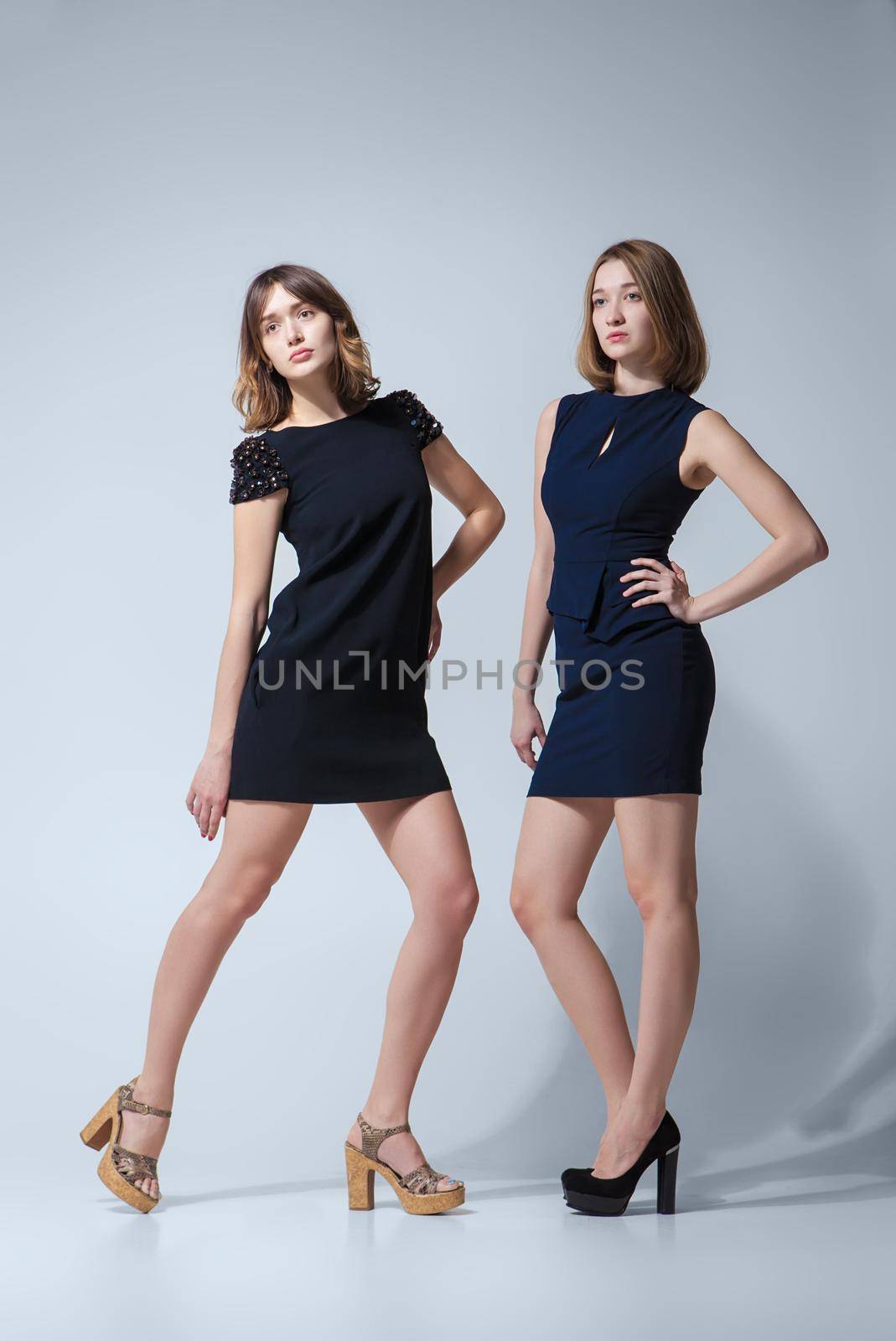 Two beautiful woman posing in a fancy dresses. Studio shooting