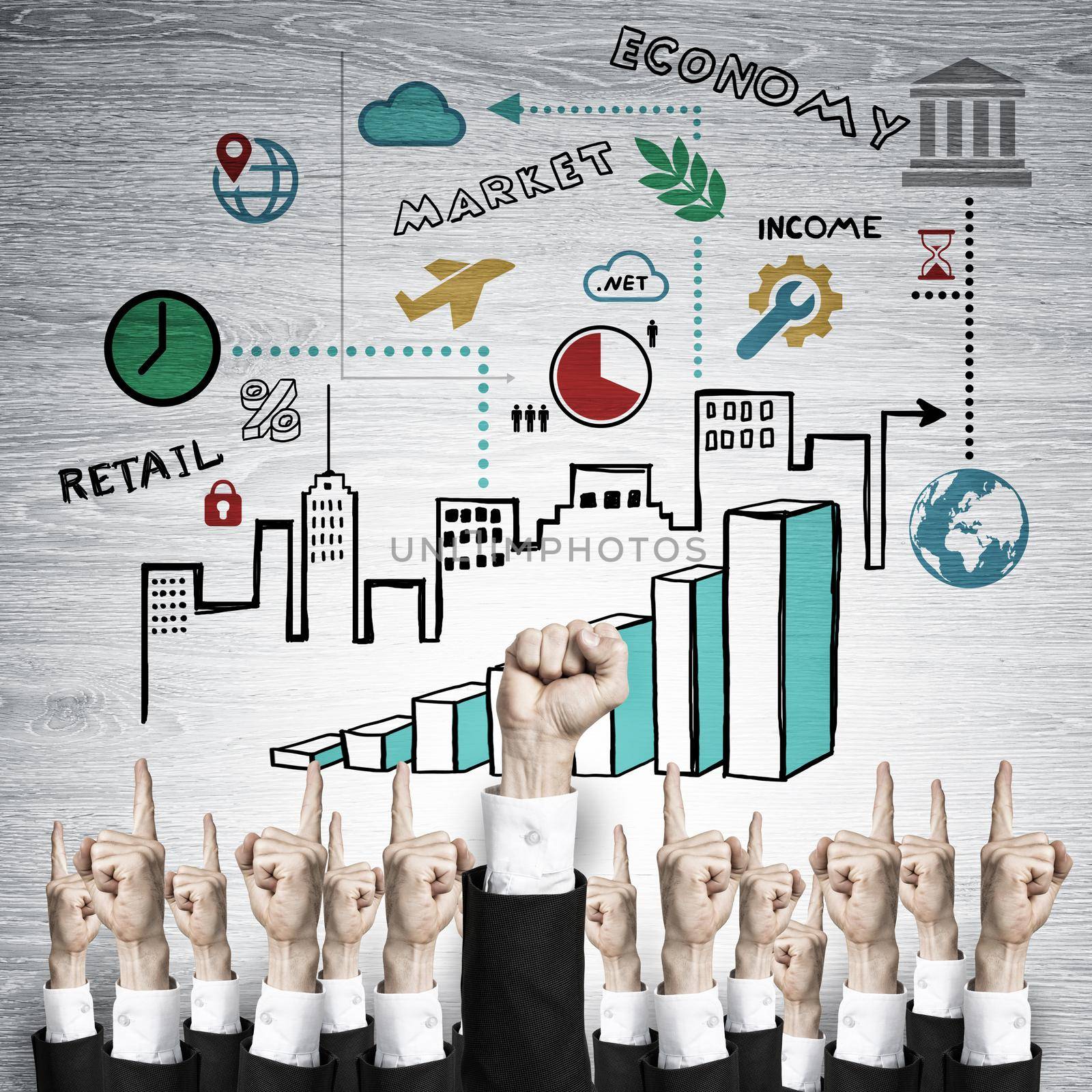 Group of hands of businesspeople showing gestures on wooden background