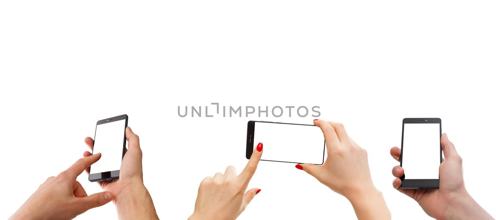 Isolated hands holding the smartphone in different ways.