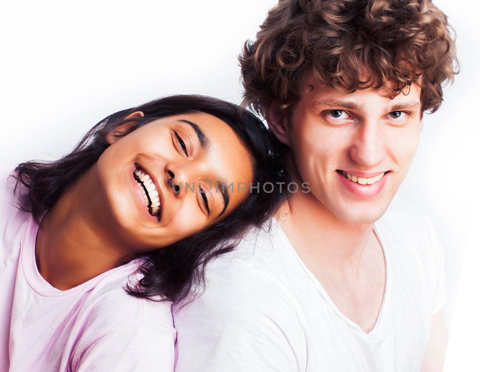 best friends teenage girl and boy together having fun, posing emotional on white background, couple happy smiling, lifestyle people concept, blond and brunette multi nations by JordanJ