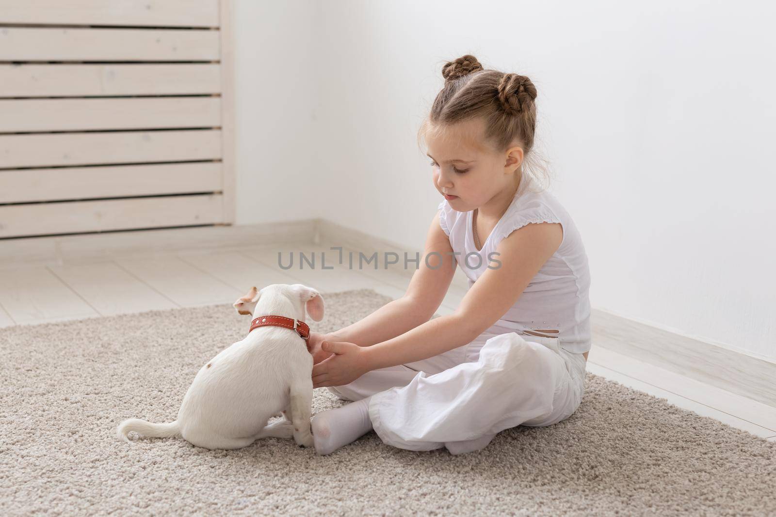 people, children and pets concept - little child girl sitting on the floor with cute puppy and playing.