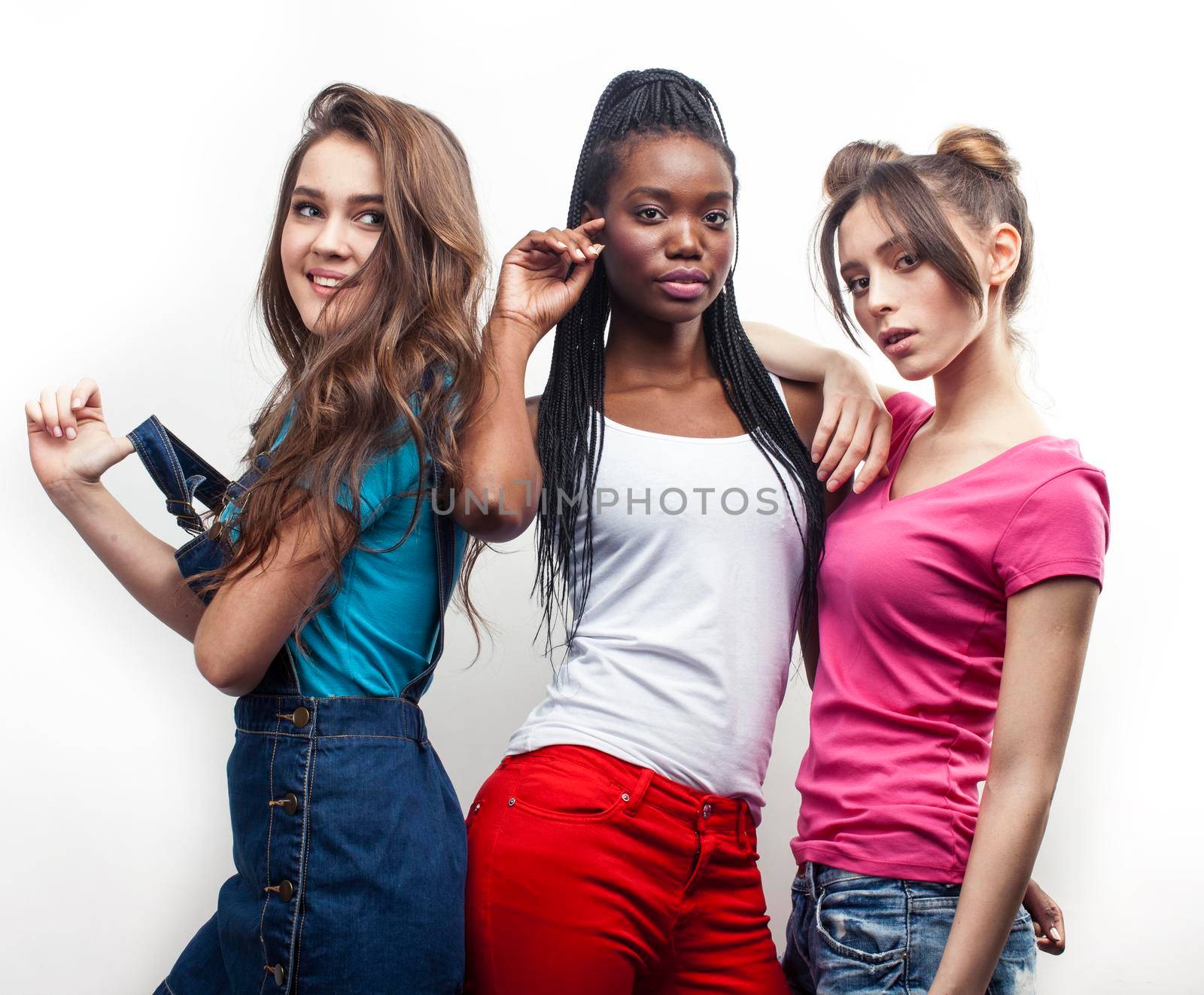 diverse multi nation girls group, teenage friends company cheerful having fun, happy smiling, cute posing isolated on white background, lifestyle people concept, african-american and caucasian close up