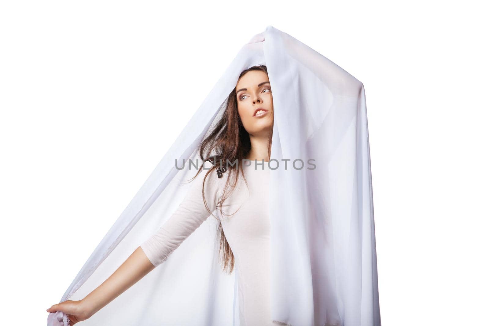 Romantic woman wearing white dress isolated by Julenochek