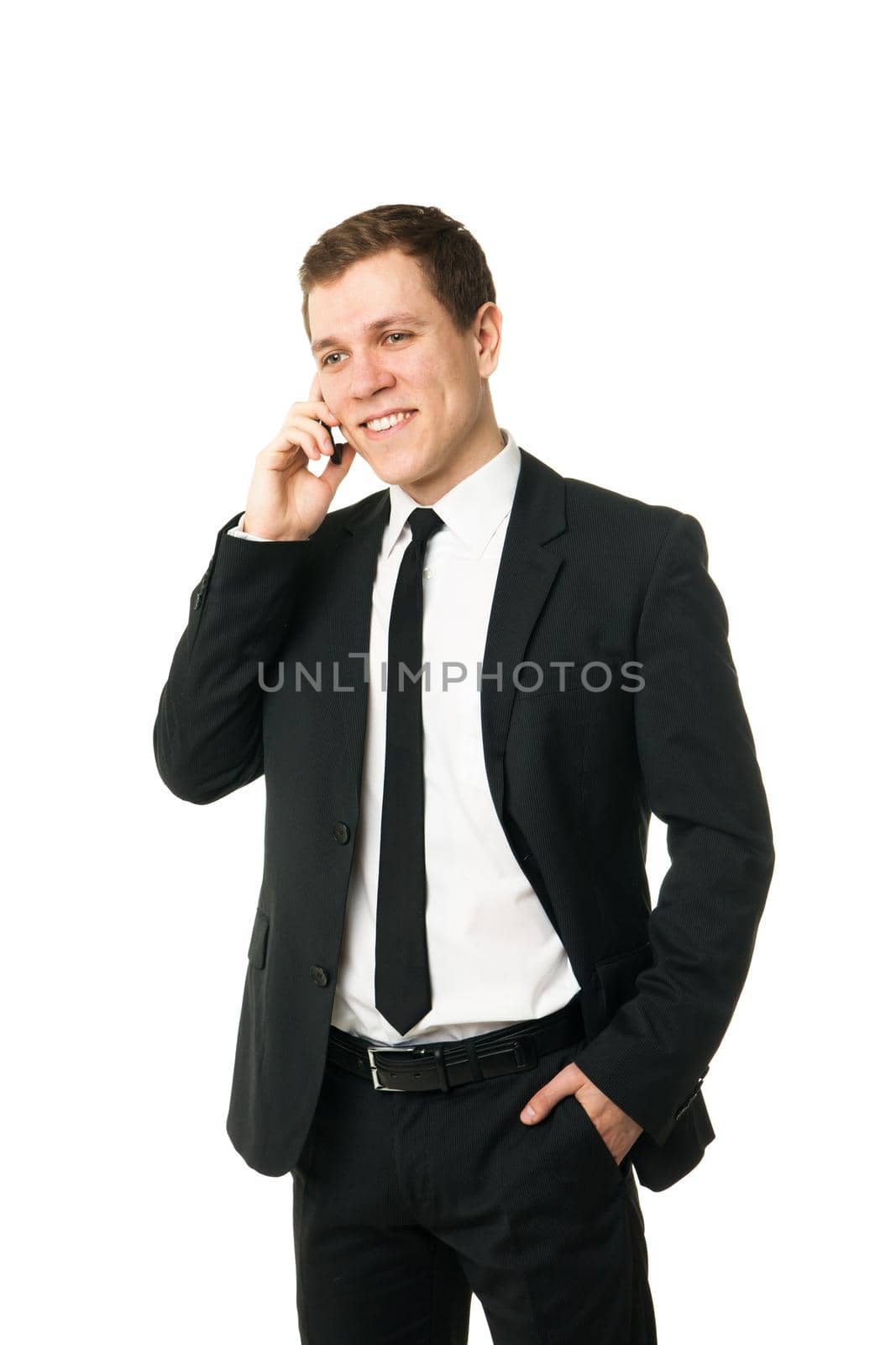 Close up of a laughing businessman on the phone isolated on white background