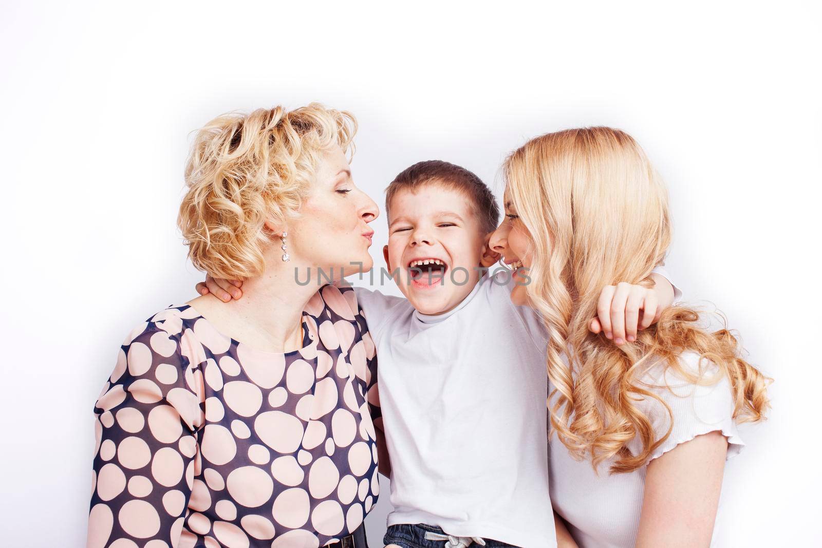happy smiling blond family together posing cheerful on white background, generation concept. lifestyle people close up