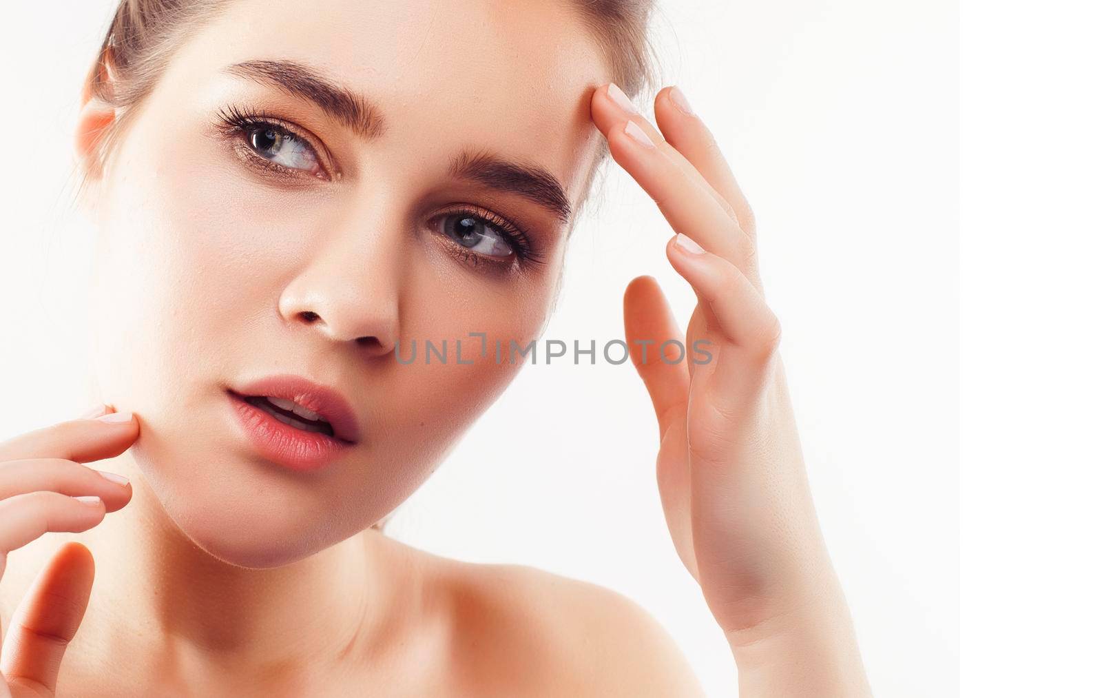 young sweet brunette woman close up isolated on white background, perfect pure innocense beautiful by JordanJ