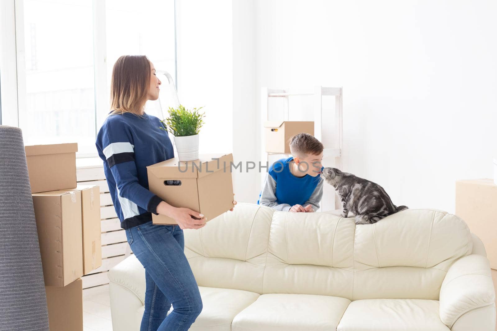 Slim positive young mother and a cute boy son arrange things and communicate with their scottish fold cat. Housewarming and relocation concept by Satura86