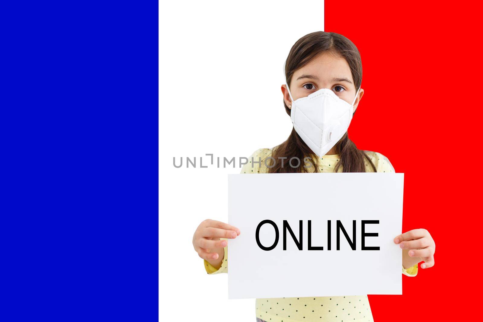 little girl in a protective mask against the background of the American flag. Concept of anxiety and fear, coronavirus pandemic in USA