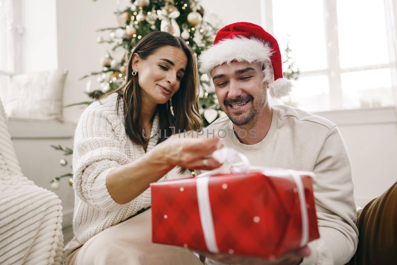 Young cheerful couple in love with present for Christmas, portrait