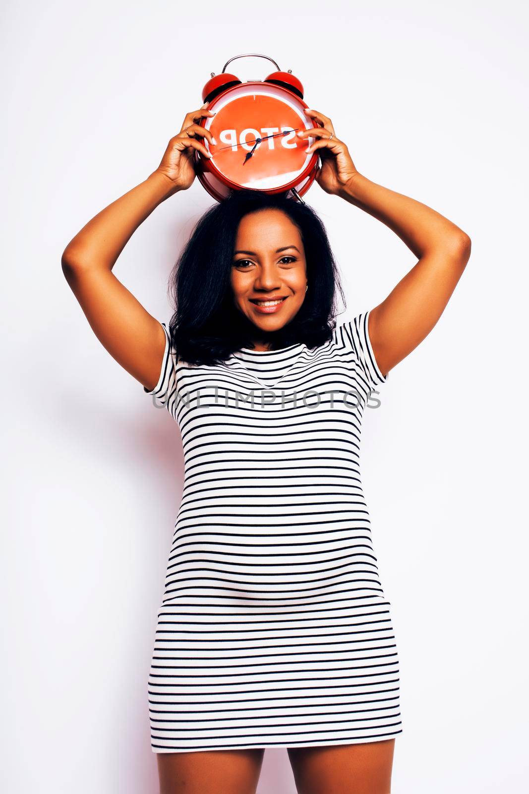 young pretty african american woman pregnant happy smiling, posing on white background isolated , lifestyle people concept copyspace close up by JordanJ