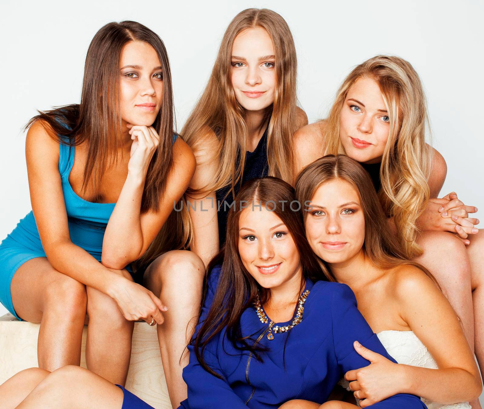 many girlfriends hugging celebration on white background, smiling talking chat, girl next door close up wondering sweety group, lifestyle real modern people