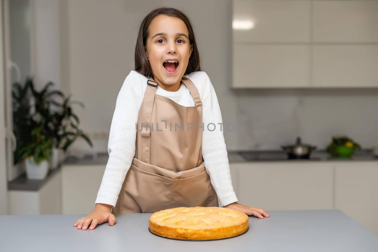 Portrait of cute little girl holding homemade pie