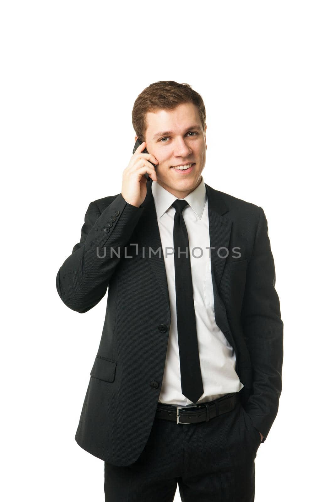 Laughing businessman on the phone isolated by Julenochek