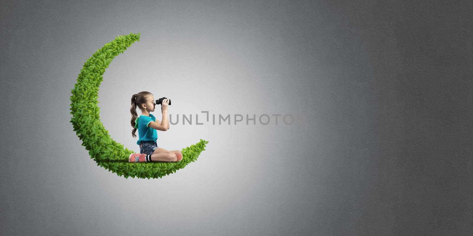 Cute kid girl sitting on green moon and looking in binoculars