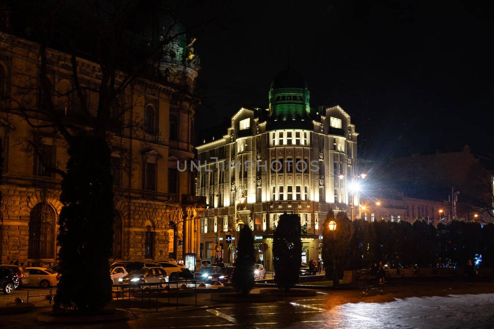 LVIV, UKRAINE - 27 December 2020: New Year and Christmas tree in the European city of Lviv at night/