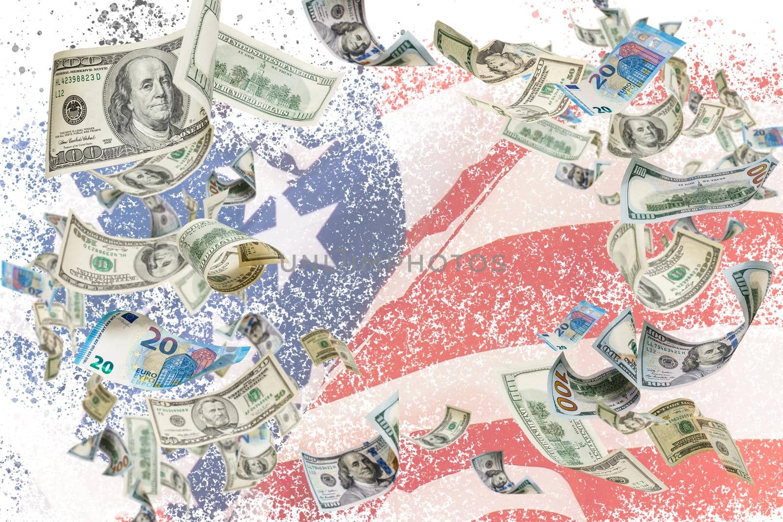 dollar against america flag background, economy, finance, USA, money