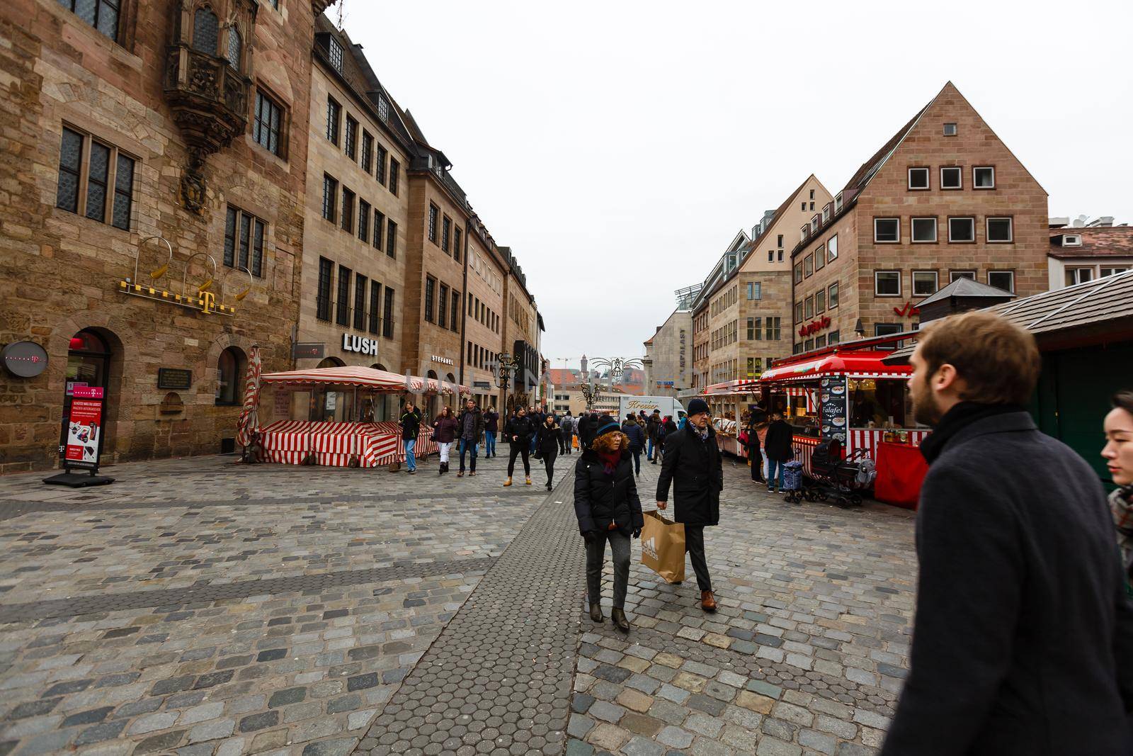 Nuremberg, Germany - Dec 31, 2019: Christkindlesmarkt in Nürnberg,