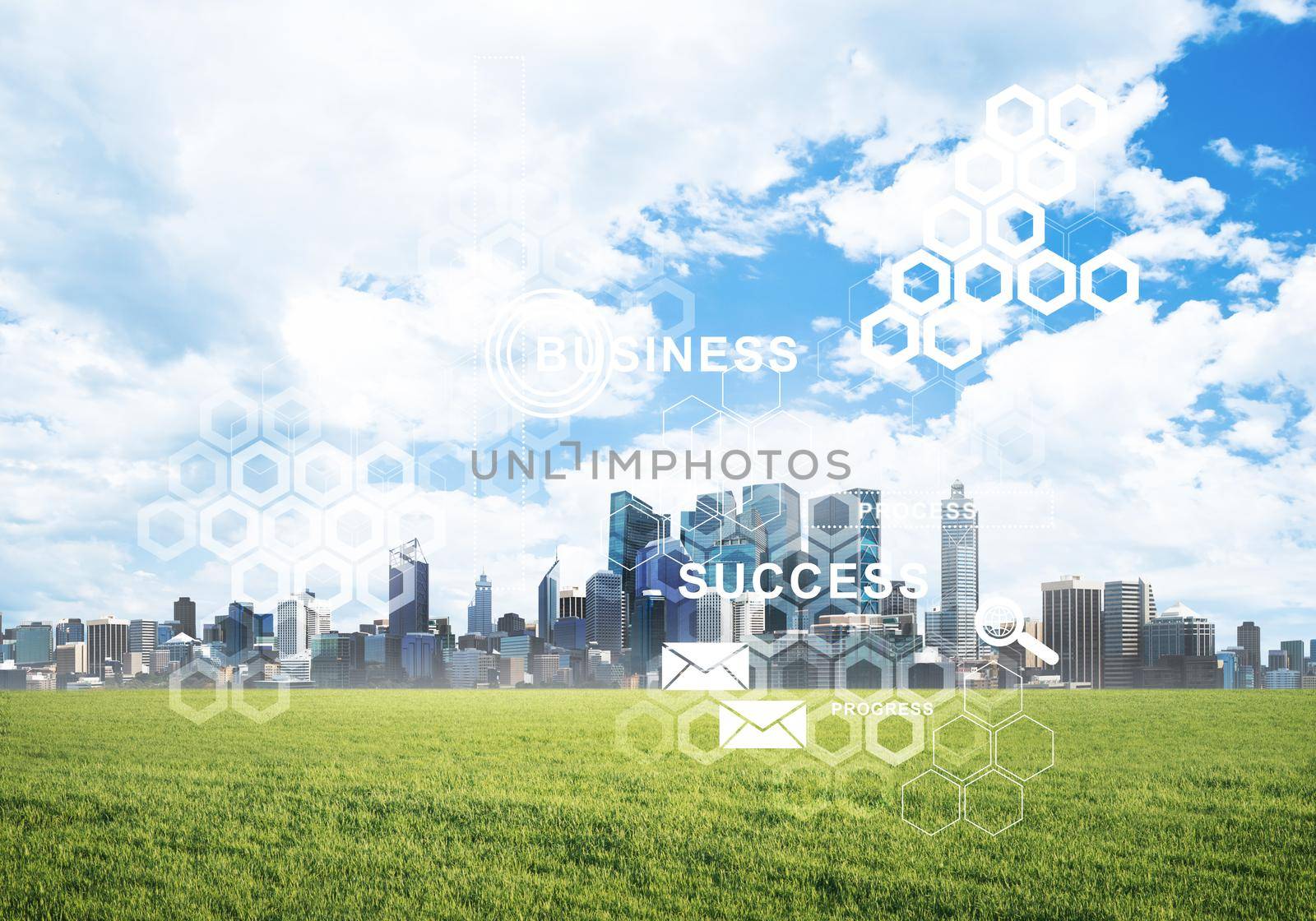 Natural background with modern cityscape green field and media interface by adam121