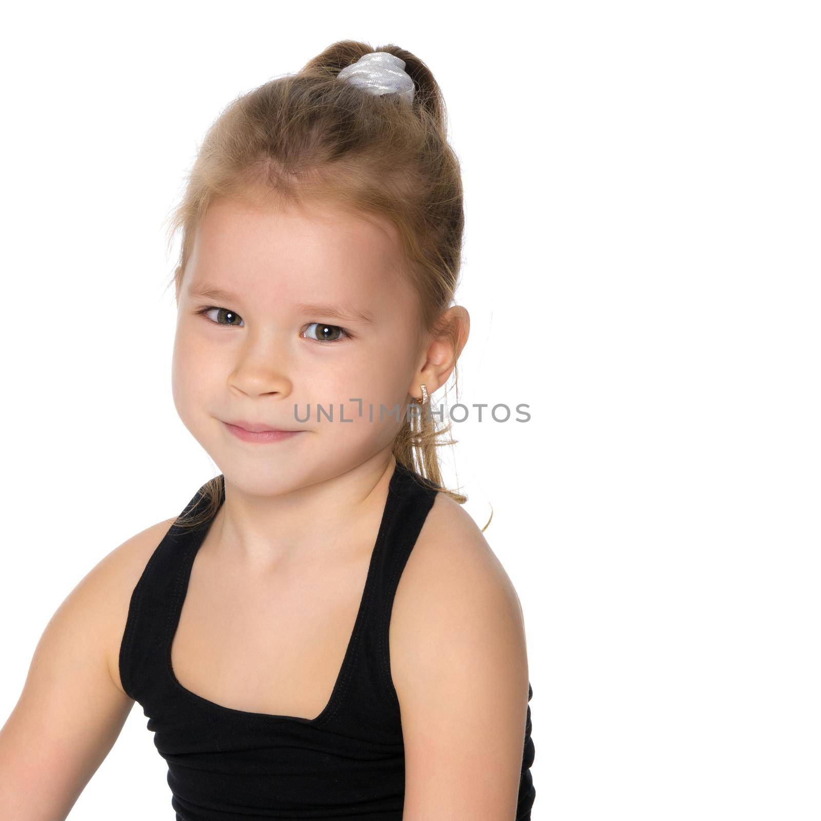 Beautiful little girl close-up. The concept of beauty and fashion, happy childhood. Isolated on white background.