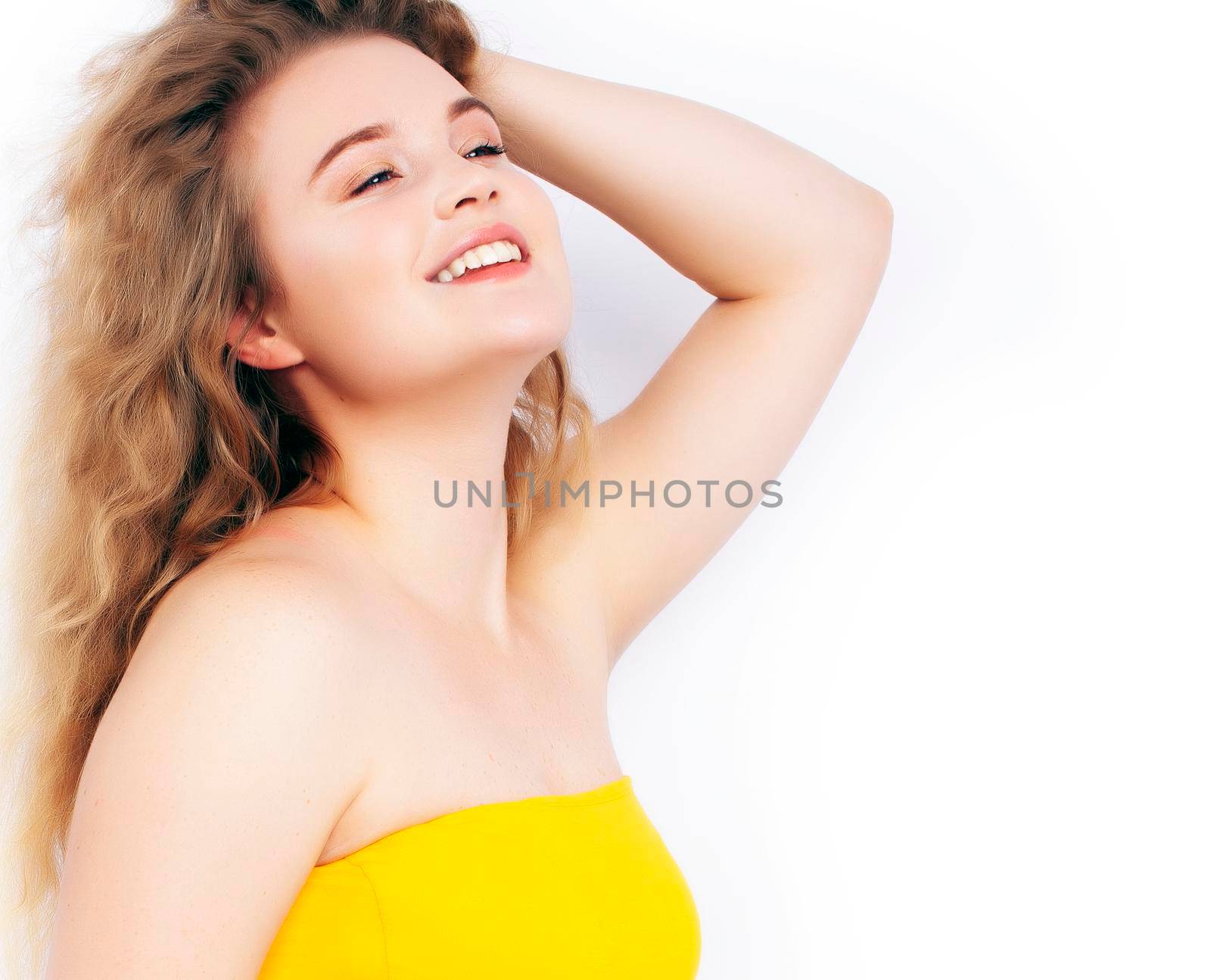 oung pretty blond girl posing happy smiling on white background isolated, lifestyle people concept by JordanJ