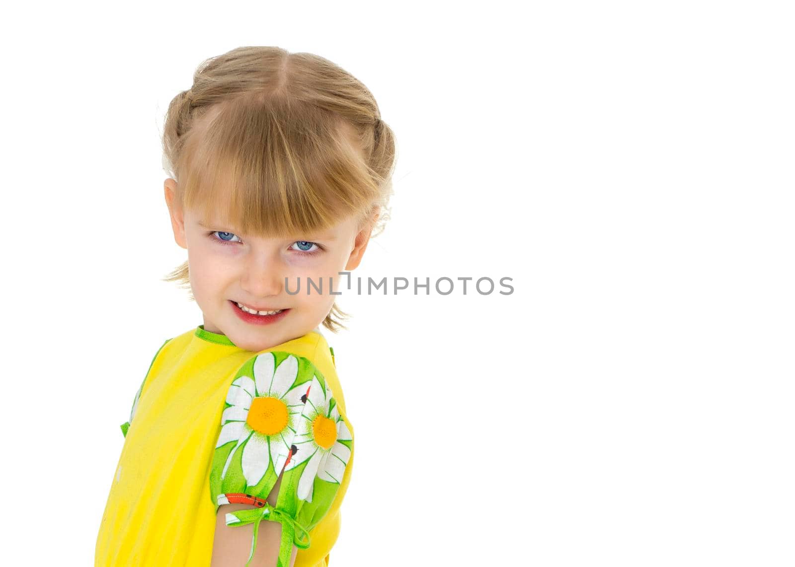 Beautiful little girl close-up. The concept of beauty and fashion, happy childhood. Isolated on white background.