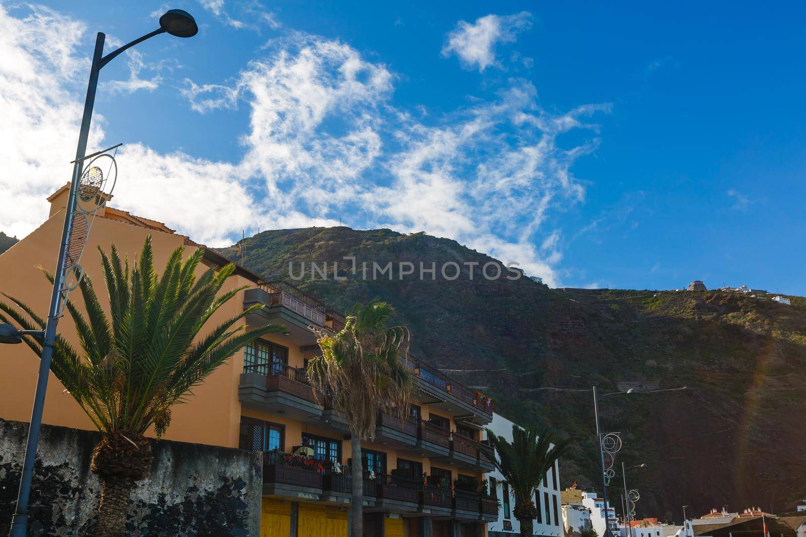 Aerial view of Garachico village on the coast of Atlantic ocean in Tenerife island of Spain